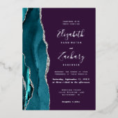 Modern Teal Silver Agate Purple Wedding Folieneinladung (Vorderseite)