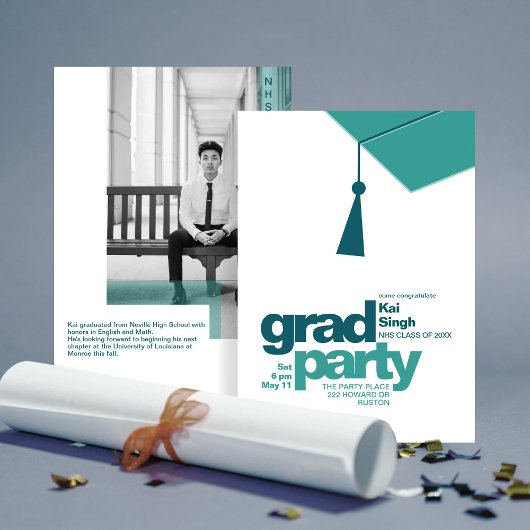 Modern Teal Typography & Tassel Grad Party Photo Einladung