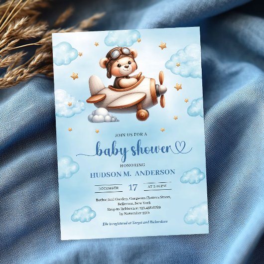 Modern Teddy Bear Pilot Blue Brown Boy Shower Einladung
