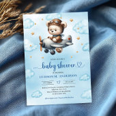 Modern Teddy Bear Pilot Blue Brown Boy Shower   Einladung