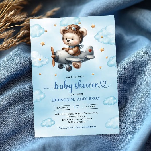 Modern Teddy Bear Pilot Blue Brown Boy Shower   Einladung