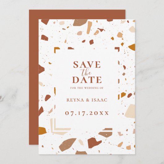 Modern Terra-cotta Terrazzo Save the Date Ankündigung (Vorne/Hinten)