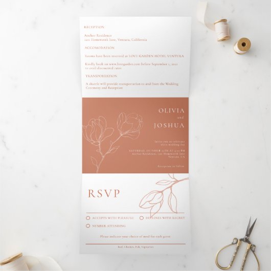 Modern Terracotta Boho Floral Dreifach Gefaltete Einladung (Innenseite)