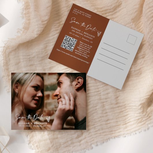 Modern Terracotta Boho Save the Date QR Code Foto Postkarte