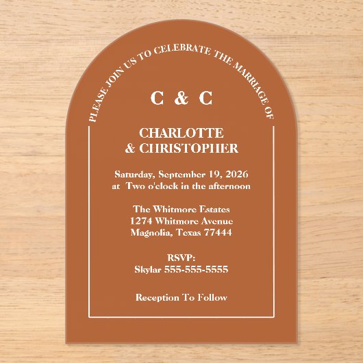 Modern Terracotta Brunt Orange Hochzeit im Herbst Acryleinladungen (Vorderseite)