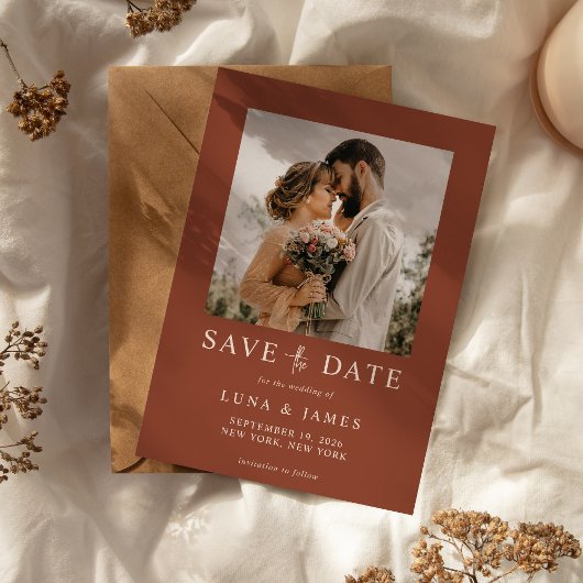 Modern Terracotta Einfaches Foto Hochzeit Save The Date