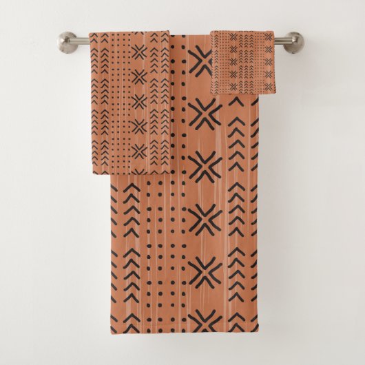 Modern Terracotta Mudcloth African Pattern Badhandtuch Set (Insitu)