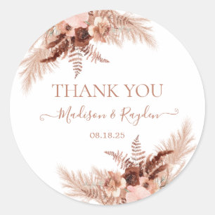 Modern Terracotta Pampas Wedding Danke Classic Runder Aufkleber