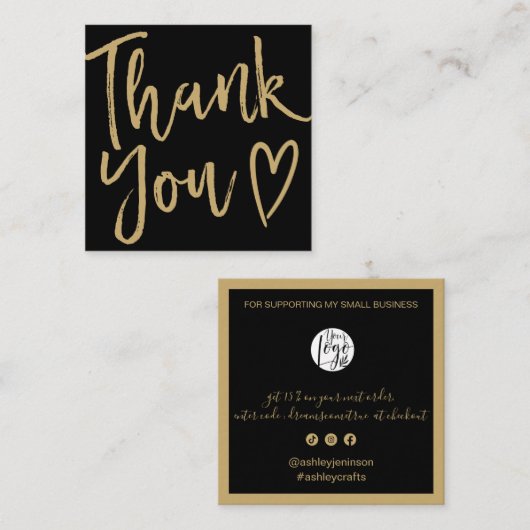 Modern thank you script order gold black quadratische visitenkarte (Vorne/Hinten)