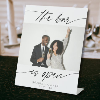 Modern The Bar is Open Calligraphy Script Foto Sockelschild