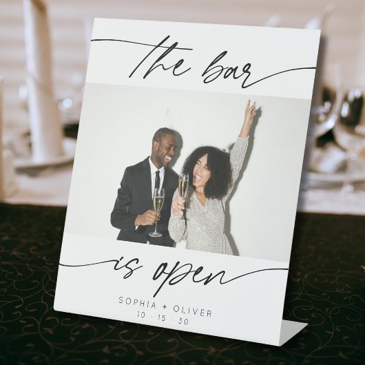 Modern The Bar is Open Calligraphy Script Foto Sockelschild