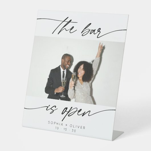 Modern The Bar is Open Calligraphy Script Foto Sockelschild (Vorderseite)