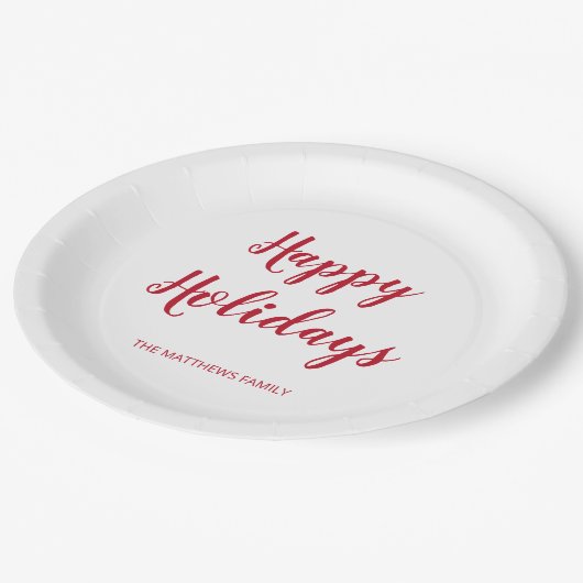 Modern Thick Red Script Happy Holidays Weihnachten Pappteller (Schrägansicht)