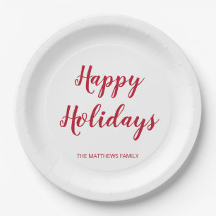 Modern Thick Red Script Happy Holidays Weihnachten Pappteller