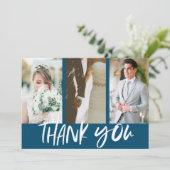 Modern Three Foto Blue Wedding Vielen Dank Dankeskarte (Stehend Vorderseite)
