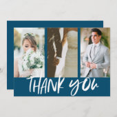 Modern Three Foto Blue Wedding Vielen Dank Dankeskarte (Vorne/Hinten)