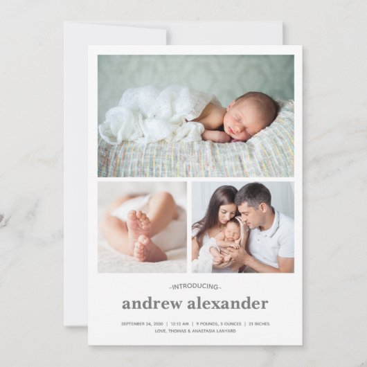 Modern Three Foto Collage Birth Ankündigung (Vorderseite)