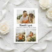 Modern Three Photo Collage Heart Script Wedding  Dankeskarte