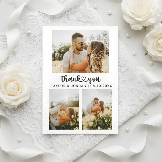 Modern Three Photo Collage Heart Script Wedding  Dankeskarte