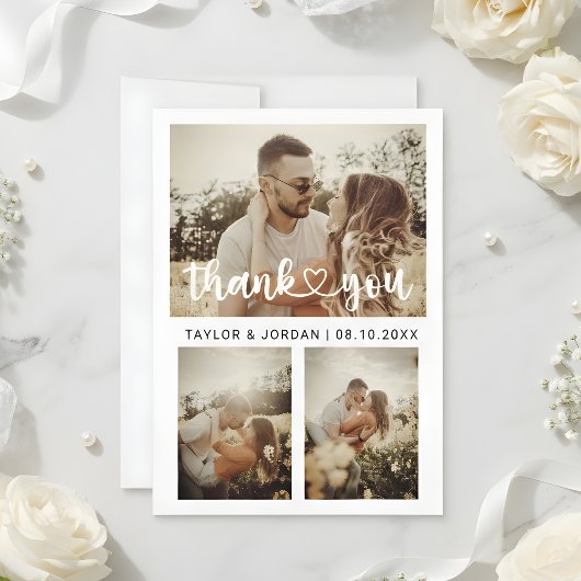 Modern Three Photo Collage Heart Script Wedding  Dankeskarte