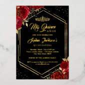 Modern Tiara Floral Red Gold Quinceanera Foil Invi Folieneinladung (Vorderseite)