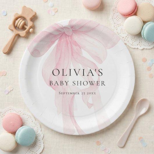 Modern Tinted Pink Bow Baby Shower Pappteller