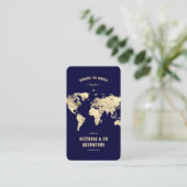 Modern Travel Planner Midnight Blue Gold World Map Visitenkarte (Stehend Vorderseite)