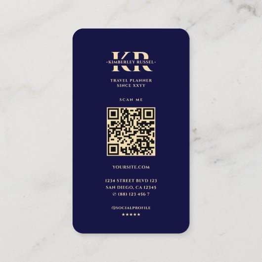 Modern Travel Planner Midnight Blue Gold World Map Visitenkarte (Rückseite)