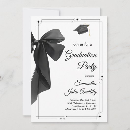 Modern Trendy Black Bow Graduation Party Einladung (Vorderseite)