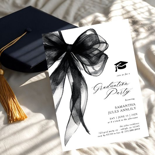 Modern Trendy Black Bow Graduation Party  Einladung