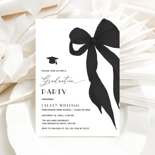 Modern Trendy Black Bow Graduation Party Einladung
