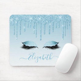 Modern Trendy Blue Glitter Lashes Stylish Script Mousepad