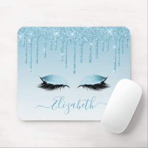 Modern Trendy Blue Glitter Lashes Stylish Script Mousepad