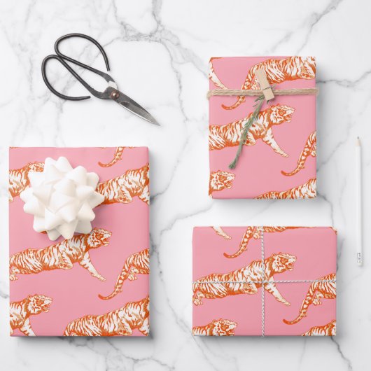 Modern trendy Bright Orange Tiger on Pink Geschenkpapier Set (Vorderseite)