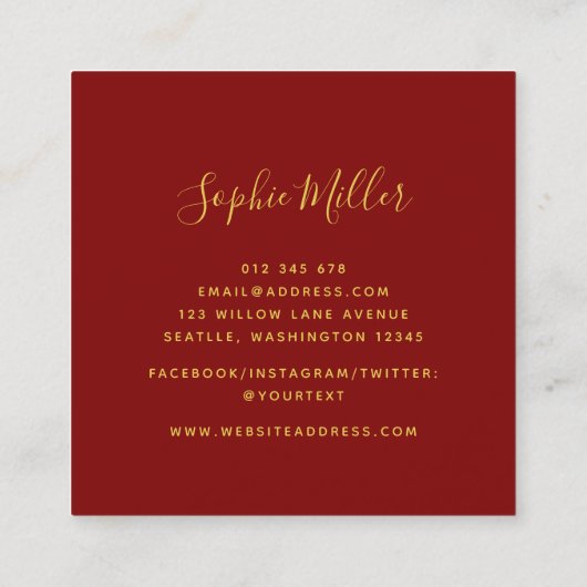 Modern Trendy Calligraphy Ruby Red Bokeh Lights Quadratische Visitenkarte (Rückseite)