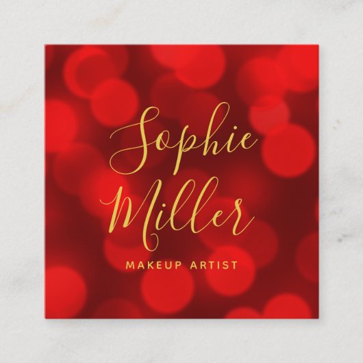 Modern Trendy Calligraphy Ruby Red Bokeh Lights Quadratische Visitenkarte (Vorderseite)