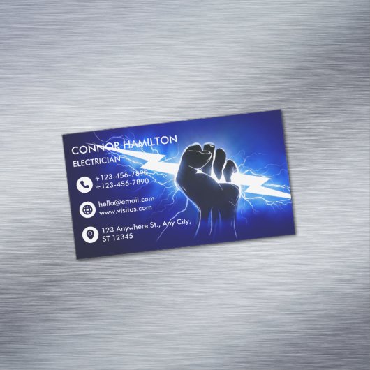 Modern Trendy Cool Blue Lightning Electrician Busi Magnetische Visitenkarte (Beispiel)