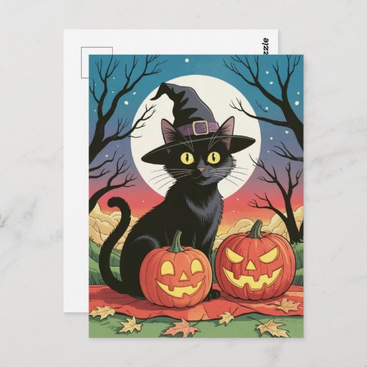 Modern Trendy Halloween Pumpkins and Black Cat Postkarte (Vorne/Hinten)