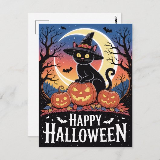 Modern Trendy Halloween Pumpkins and Black Cat Postkarte (Vorne/Hinten)