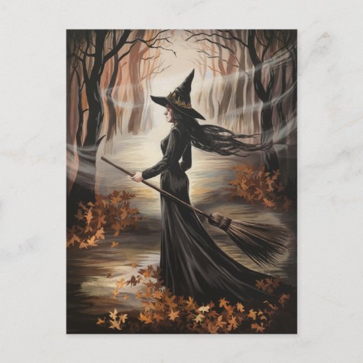 Modern Trendy Halloween Witch in Forest Postkarte (Vorderseite)