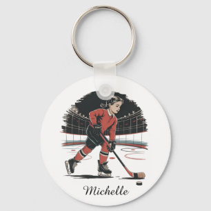 Modern Trendy Mädchen spielt Eishockey Personalisi Schlüsselanhänger