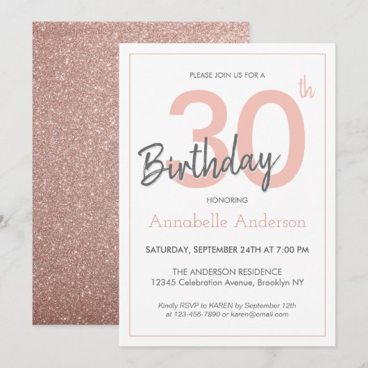 Modern Trendy Pink Rose Gold Glitzer 30. Geburtsta Einladung (Vorne/Hinten)