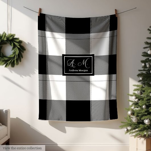 Modern Trendy Plaid in Black & White for Him Custo Fleecedecke