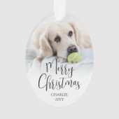 Modern Trendy Script Frohe Weihnachten 2 Fotos Ova Ornament (Rückseite)