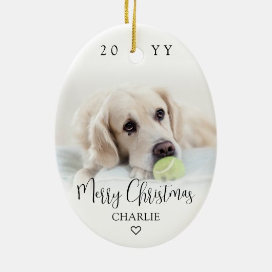 Modern Trendy Script Merry Christmas 2 Photos Oval Keramik Ornament (Hinten)
