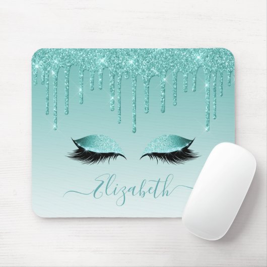 Modern Trendy Teal Glitter Lashes Stylish Script Mousepad (Mit Mouse)