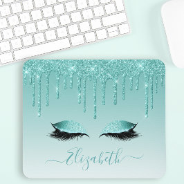 Modern Trendy Teal Glitter Lashes Stylish Script Mousepad