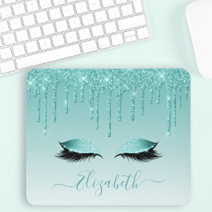 Modern Trendy Teal Glitter Lashes Stylish Script Mousepad