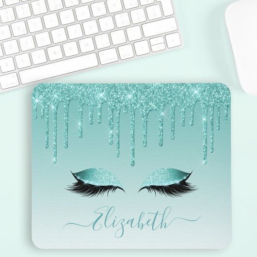 Modern Trendy Teal Glitter Lashes Stylish Script Mousepad