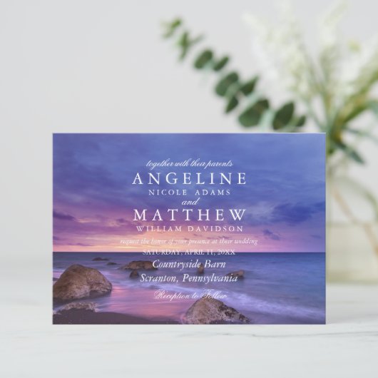 Modern Tropical Beach Sand Sunset Sea Wedding Card Einladung (Stehend Vorderseite)